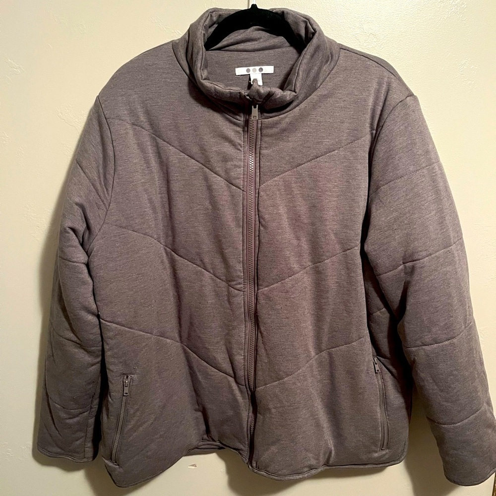 Three Dots Modern Full Zip Quilted Heather Knit Jacket Gray